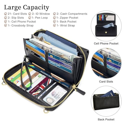 Peacocktion Womens Crossbody Wristlet Wallets with Cell Phone Pocket RFID Vegan Leather Cross Body Purses Travel - color: 01-black