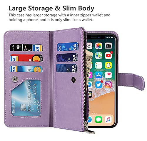 iCoverCase for iPhone X/XS Wallet Case with Card Holder and Wrist Strap, PU Leather Kickstand Card Slots Zipper Pocket Magnetic [Detachable] Flip Cover Case 5.8 Inch (Purple) - color: Purple