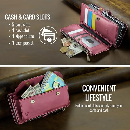 Strapurs Crossbody Wallet Case Compatible with Samsung Galaxy Z Fold 5 with RFID Blocking Card Holder & Pen Holder Slot Soft PU Leather Shoulder Strap Zipper Pocket Purse Fold 5 Phone Case, Wine Red | RFID Blocking 5-Card Holder, Shoulder Lanyard, Wirst S