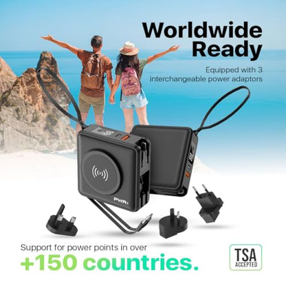 PWRMobile PWR Travel PRO 5-in-1 Power Bank with Case Included– 10,000mAh with Built-in Cables – 20W USB-C + 15W Wireless Charging – Compact Portable Charger for iPhone & Android- Black - color: Black with Gray Case