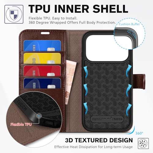 TUCCH Wallet Case for iPhone 17 Pro 6.3" 2025, Flip Stand, Chocolate Brown | RFID Blocking, 4 Card Holders, Kickstand, PU Leather, Shockproof TPU Shell, Magnetic Closure, Protective Folio Cover - color: Chocolate Brown