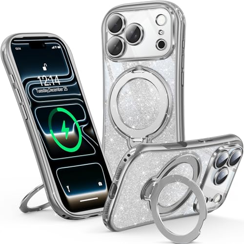 Reukdnv 360° Spin Magnetic Stand for iPhone 17 Pro Case [DIY Glitter Cardstock] [Full Camera Protection] [Fit for MagSafe] Shockproof Plating Glitter Bling TPU Cover for Women Girls 6.3", Silver - color: Silver Glitter, size: iPhone 17 Pro