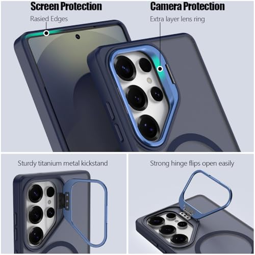 Nvollnoe for Samsung S25 Ultra Case Compatible with MagSafe Military Grade Shockproof Heavy Duty Protective Adjustable Kickstand Matte Semi Clear Phone Cover for Samsung S25 Ultra(Blue) - color: Blue