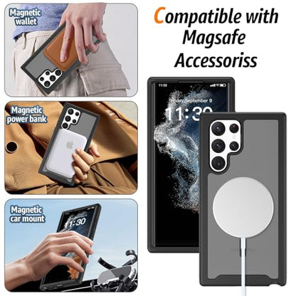 for Samsung Galaxy S22 Ultra Case Magnetic, Compatible with Magsafe 6.8-Inch Slim Fit 360 Heavy Duty Protector Wireless Charging Shockproof Anti-Slip TPU and PC Protective Phone Cover, Black - color: Black