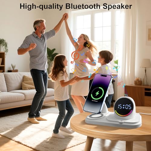 6 in 1 Wireless Charging Station with Bluetooth Speaker Fuction, Charging Stand for Multiple Devices for Apple iPhone 17 16 15 14 13 12 Pro Max Apple Watch Airpods, Digital Clock and Ambient Lights