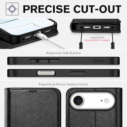 TUCCH Wallet Case for iPhone Air (6.5") 2025, Flip Stand, Textured Black | RFID Blocking, 4 Card Holders, Kickstand, PU Leather, Shockproof TPU Shell, Magnetic Closure, Protective Folio Cover - color: Textured Black