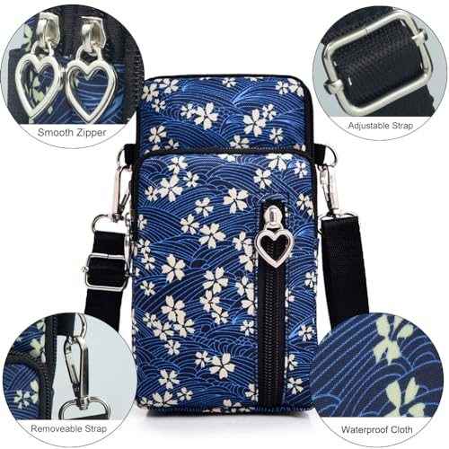 Small Crossbody Bag for Women, Multi Zip Pockets Nylon Wallet Purse Credit Card Holder with Detachable Hand Strap - color: Blue/Floral pattern