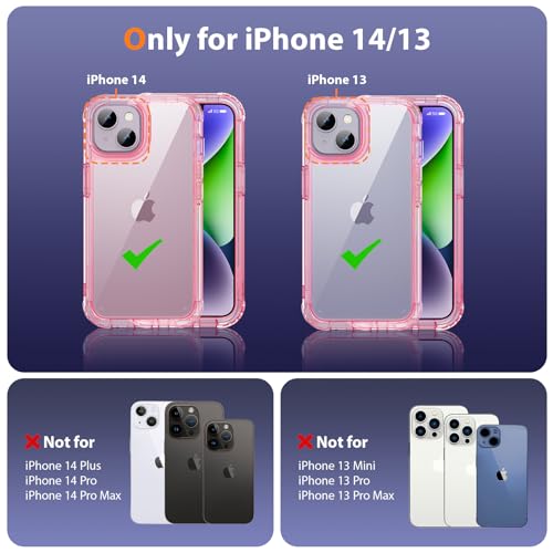 Lifedance iPhone 14/13 Case, Full-Body Rugged Protective Case with Built-in Screen Protector, 10 FT Military Grade Drop Protection, Heavy Duty Shockproof, Clear Pink - color: Clear Pink, size: iPhone 14/13