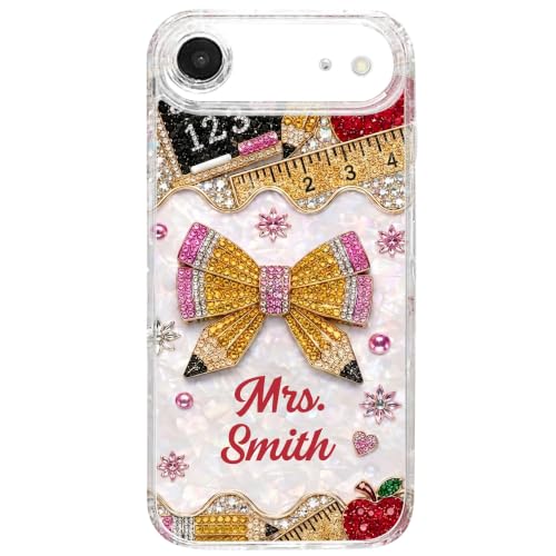 Mrs. Pencil Bow and Red Apple 3D Rhinestone - Personalized Clear Phone Case Teacher Appreciation Gift Tech Accessories