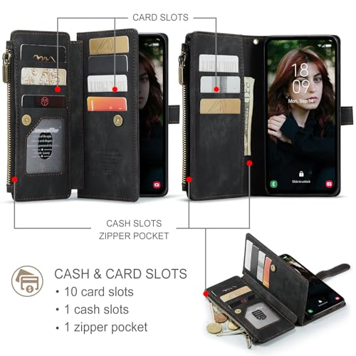 Samsung Galaxy S24 FE 5G Wallet Case with Card Holder Kickstand Magnetic Zipper Pocket Lanyard Strap Wristlet,Leather Flip Case Wallet for Samsung Galaxy S24 FE 6.7 Inch(Black) - color: Black, size: S24 FE 5G 6.7 Inch