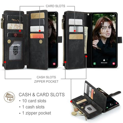 Samsung Galaxy S24 FE 5G Wallet Case with Card Holder Kickstand Magnetic Zipper Pocket Lanyard Strap Wristlet,Leather Flip Case Wallet for Samsung Galaxy S24 FE 6.7 Inch(Black) - color: Black, size: S24 FE 5G 6.7 Inch