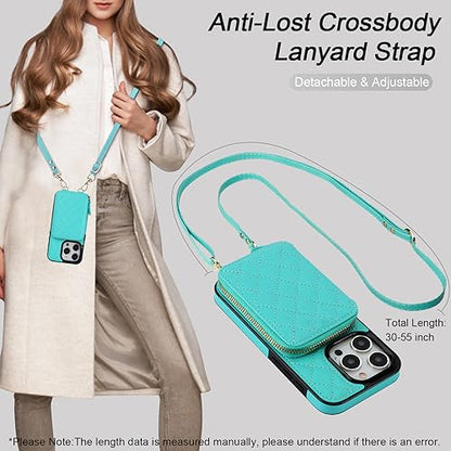 Bocasal Crossbody Wallet Case Card Holder for iPhone 15 Pro, Mint Green | RFID Blocking PU Leather Zipper Handbag Purse, Kickstand Flip Folio Case with Card Slots Holder Wrist Strap Lanyard 6.1 Inch - color: Green