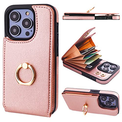 Folosu Compatible with iPhone 14 Pro Case Wallet with Card Holder, 360°Rotation Finger Ring Holder Kickstand, RFID Blocking Leather Protective Double Buttons Shockproof Cover 6.1 Inch Rose Gold - color: Rose Gold, size: iPhone 14 Pro