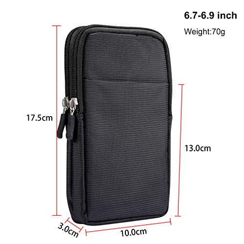 Multifunction Dual Phone Holster Men, Nylon Cell Phone Case Holder Mens Belt Pouch Loop/Clip, Smartphone Belt Wallet Purse 2 Zipper Pockets Compatible with iPhone 14 Pro Max Case 13 Pro Max, Black - color: Black