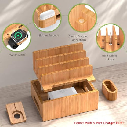 Bamboo Charging Station for Phone, Watch&Earbud with 5-Port HUB & 5 Cables - color: Dock Stand +Cables +Charger