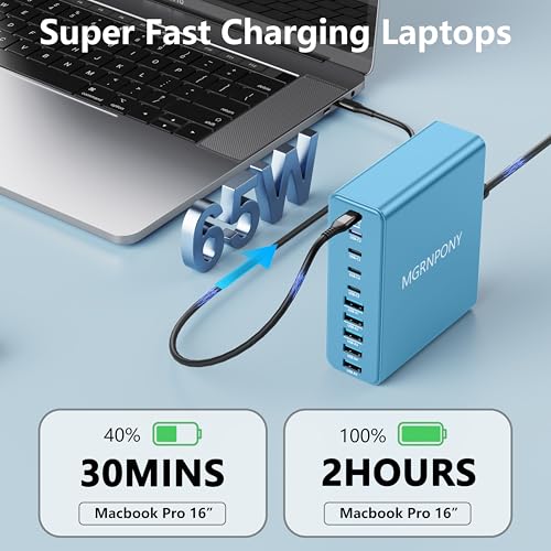 320W USB C Charger Block, MGRNPONY 10-Port GaN USB C Charging Station - color: Light Blue