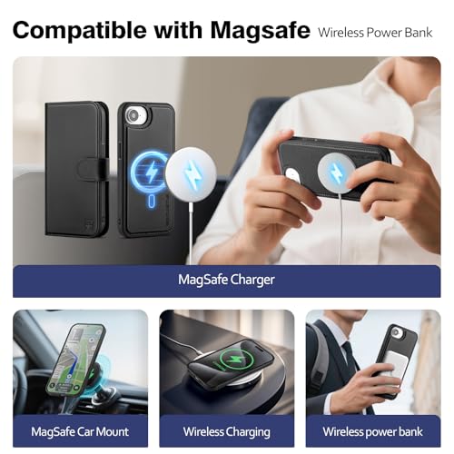 Magnetic 2 in 1 Detachable Compatible with Magsafe iPhone 17e / 16e Genuine Wallet Case with Card Holder,Women Men Real Leather Flip RFID Blocking Credit Card Slots Stand Phone Cover,Black - color: Black, size: iPhone 17e / 16e - 6.1"