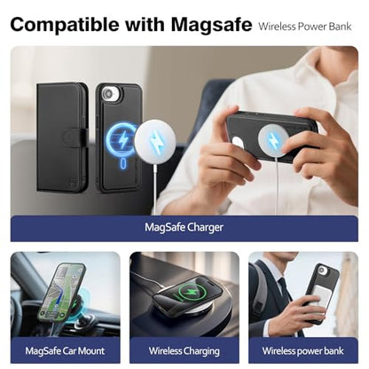 Magnetic 2 in 1 Detachable Compatible with Magsafe iPhone 17e / 16e Genuine Wallet Case with Card Holder,Women Men Real Leather Flip RFID Blocking Credit Card Slots Stand Phone Cover,Black - color: Black, size: iPhone 17e / 16e - 6.1"