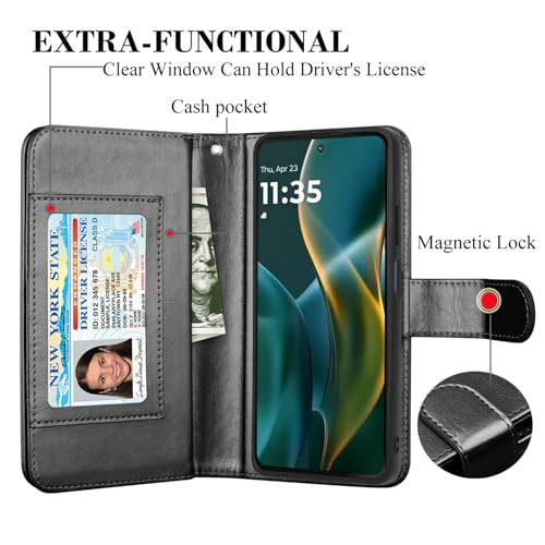 NJJEX Moto G 5G 2025 Wallet Case PU Leather 9 Card Slots Detachable Magnetic Flip Cover Kickstand Lanyard, Black - color: Black