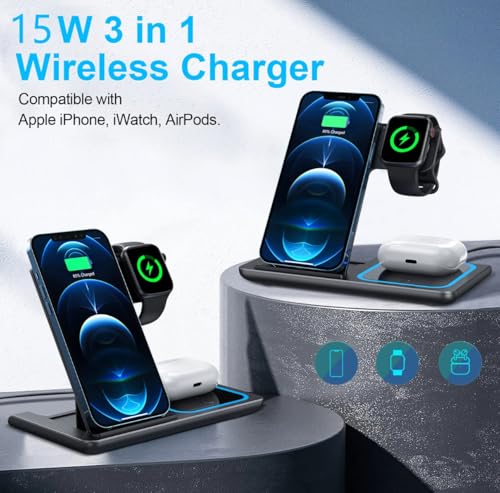 Generic 3-in-1 Wireless Charging Station (Black) - color: Black