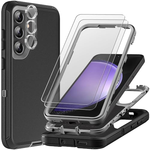for Samsung Galaxy S23 FE Case with 2Pcs Tempered Glass Screen Protector and 1Pcs Camera Lens Protector, 3 in 1 Heavy Duty Shockproof/Drop Proof/Dust Proof Case (Black/Grey) - color: Black/Grey