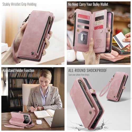 Defencase for iPhone 17 Pro Max Wallet Case with RFID Card Holder, Pink | Durable Soft PU Leather, with Zipper Pocket, Wrist Strap, Fashion Snap Flip Phone Cases Cover with Stand for Women and Men - color: Rose Pink