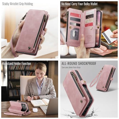 Defencase for iPhone 17 Pro Max Wallet Case with RFID Card Holder, Pink | Durable Soft PU Leather, with Zipper Pocket, Wrist Strap, Fashion Snap Flip Phone Cases Cover with Stand for Women and Men - color: Rose Pink