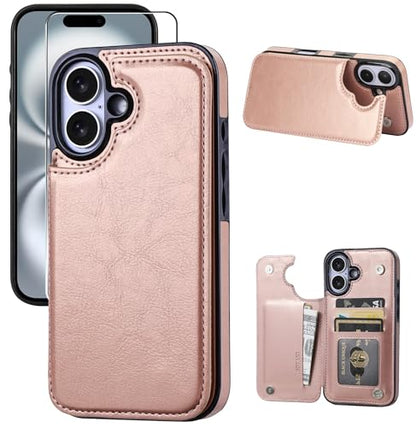 Wallet Case Compatible with iPhone 16 Plus 6.7”, Slim Protective Case with Card Holder,Premium PU Leather Kickstand Card Slots Case with Double Magnetic Clasp-Rosegold - color: Rosegold, size: iphone 16 Plus 6.7"