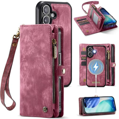 Compatible with iPhone 17 Wallet Case with Magsafe,Red | Magnetic Detachable Case,Card Holder,Zipper Pocket,Strap Wristlet, Soft Leather Drop-Proof Phone Case for iPhone 17 6.3" - color: (Detachable and Magsafe)-Red, size: iPhone 17 6.3 Inch