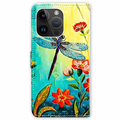 RFID Safe Case for iPhone 15 Pro Max,RFID Blocking,Red Flower Blue Dragonfly Leather Flip Phone Case Wallet Cover with Card Slot Holder Kickstand for iPhone 15 Pro Max - color: Red Flower Blue Dragonfly