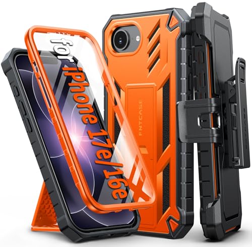 FNTCASE for iPhone 17e/16e Case with Belt Clip, Built-in Screen Protector | Rugged Kickstand, 20FT Military-Grade Drop Protection, Full Body Heavy Duty Shockproof Holster, Hard Protective Cover - color: Orange, size: For Iphone 17E/16E (6.1 Inch)