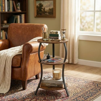 YEAKOO Small Side Table with Charging Station,3-Tier Round end Table - color: Rustic Brown, style: USB Charger