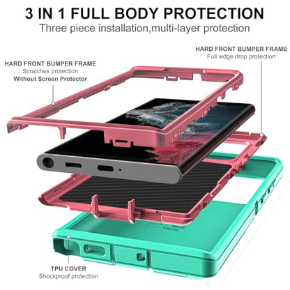 for Samsung Galaxy S22 Ultra Case with Self Healing Flexible TPU Screen Protector [2 Pack], 3 in 1 Shockproof Heavy Duty Case for Samsung S22 Ultra 5G (Aqua Blue/Rose Pink) - color: Aqua Blue/Rose Pink