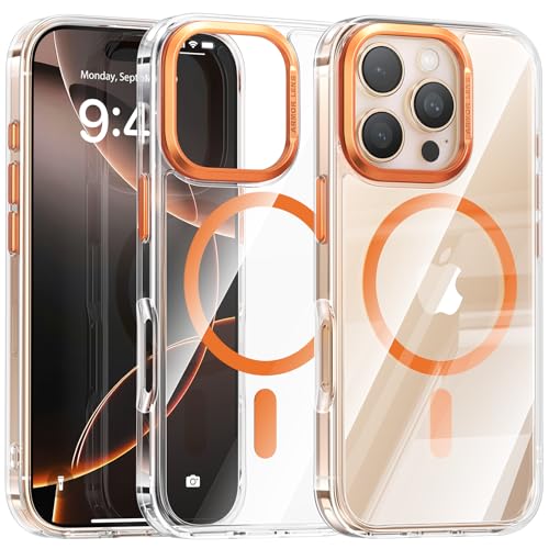 Maledan Magnetic for iPhone 16 Pro Case Clear Orange - Aluminum Camera Frame 16 Pro Phone Case Fit for MagSafe, Slim Transparent Shockproof Bumper Cover for Apple iPhone 16 Pro Cases Accessories - color: Crystal Clear - Orange Magnet, size: For iPhone 16