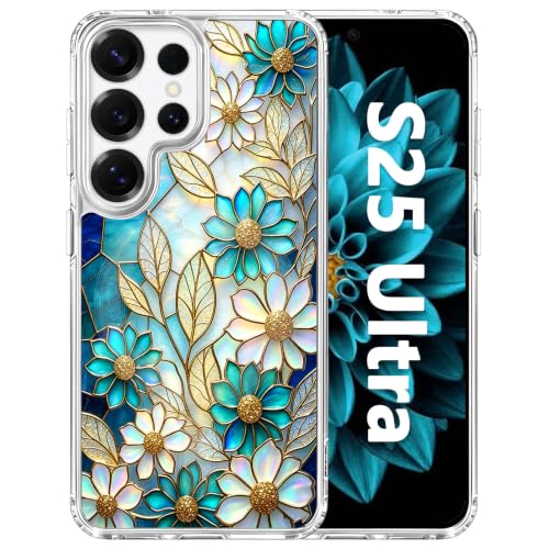 for Samsung Galaxy S25 Ultra Magnetic Case【Compatible with MagSafe】 Aesthetic Vintage Stained Glass Flower Design, Slim Fit Hard PC Back Shockproof Clear Phone Cover, Blue Glazed Flower - color: Blue Glazed Flower, size: Galaxy S25 Ultra