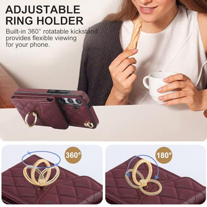 Asuwish Phone Case for Samsung Galaxy S24 5G Wallet Cover with Tempered Glass Screen Protector and Crossbody Wrist Strap Ring RFID Blocking Credit Card Holder Cell S 24 24S G5 Women Men Girls Wine Red - color: Red