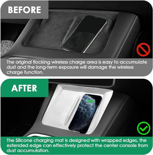 Center Console Wireless Charging Silicone Mat Compatible with Tesla Model 3 2024 Accessories Waterproof Cover Interior Pad Non-Slip Mats Phone Tray Upgrade Protector Mats (White) - color: White