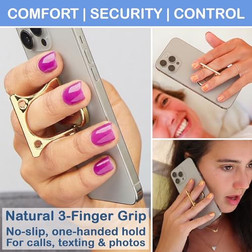 Patented 3-Finger Phone Grip & Stand - Comfortable & Secure Loop Holder for iPhone & Android - Ultra-Slim Zinc Alloy - Magnetic Mount Ready - Cell Phone Ring Alternative [Gold] - color: Gold