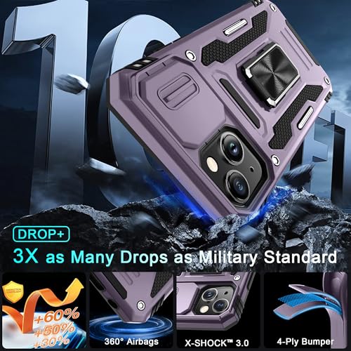 DEERLAMN Case for iPhone 15 with Slide Camera Cover + Screen Protector (2 Packs), Rotated Ring Kickstand Military Grade Shockproof Protective Cover-Deep Purple - color: Deep Purple