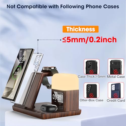 Wireless Charger for Samsung/Android, 6 in 1 Phone Nightstand Charging Station Charger with Alarm Clock/Night Light for Samsung S26/S25/S24 Ultra/Buds4,Watch Charger for Galaxy Watch 8/7/6/5 - color: Wood Brown