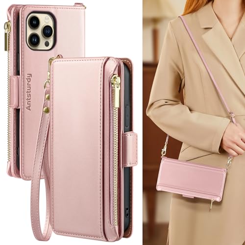 Antsturdy Crossbody Phone Wallet Case for iPhone 13 Pro,Rose Gold | RFID Blocking,PU Leather Flip Cover,Kickstand,with Credit Card Holder,Wrist Strap Lanyard & Handbag Purse,for Women & Men - color: (Crossbody) - Rose Gold
