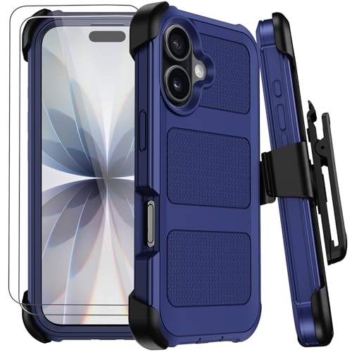 for iPhone 17 Case with Belt Clip Holster & Kickstand,Military Grade Anti-Drop Shockproof Heavy Duty Rugged Cover,w/2X Screen Protectors Tri-Layer Defender Bumper Protective Cases for Apple 17 (Blue) - color: Blue