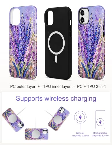 Jusy Magnetic Floral Phone Case for iPhone 14 Pro,Lavender | Compatible with MagSafe, Cute Aesthetic Striped Design, TPU and PC Protective Shockproof Cover - color: Lavender