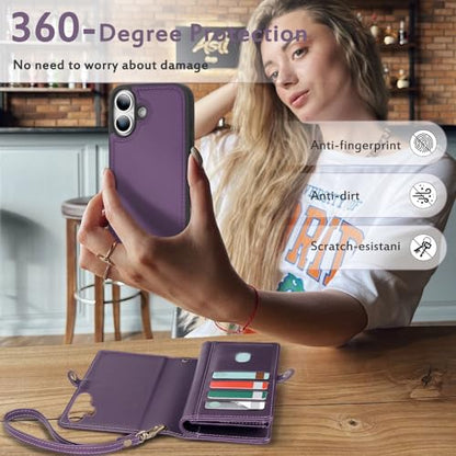 for Wallet Case Compatible with iPhone 17,Multi-Function Detachable 3 in 1 Magnetic iPhone 17 Case Wallet,Flip Strap Zipper Card Holder Phone Case with Shoulder Straps (Pruple) - color: Purple, size: iPhone 17