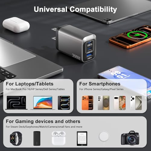 200W USB C Charge Block,3 Port PD 100W GaN Charger,Multi Port Fast Charging Station Hub for Multiple Devices,Compatible with MacBook/iPad/iPhone/Laptop/Galaxy/Android Cell Phone with 2M C-C Cable