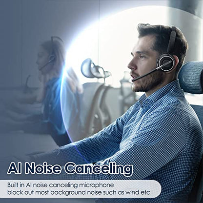 PrancyBt Upgraded Wireless Headset with Mic for Work, Bluetooth Headset with Noise Canceling Microphone with Dongle, Charging Base & Mic Mute, Wireless Headphones for Work from Home/PC/Computer