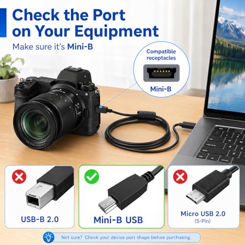 BERLAT Mini USB to USB C Cable 5FT 2-Pack Ferrite for Camera