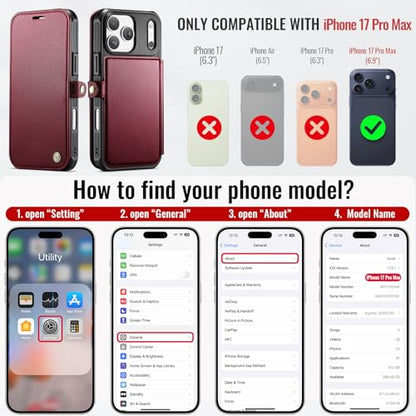 for iPhone 17 Pro Max Slim Case Wallet Wireless Charging, Wine Red - color: Wine Red, size: iPhone 17 Pro Max - 6.9"