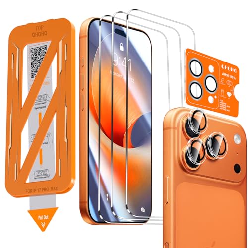QHOHQ [1-Second Auto-Install] 3 Pack Screen Protector for iPhone 17 Pro Max [6.9 Inch] + 1 Set Camera Lens Protector, 9H+ Shatterproof Tempered Glass, [12FT Military Grade Protection], Case Friendly - size: iPhone 17 Pro Max 6.9 Inch