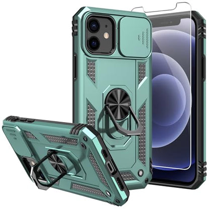 for iPhone 12/ iPhone 12 Pro Case with Camera Lens Cover, Green | HD Screen Protector, 16 FT Military Grade Drop Protection, Magnetic Kickstand Rugged Shockproof Protective Cove - color: Green